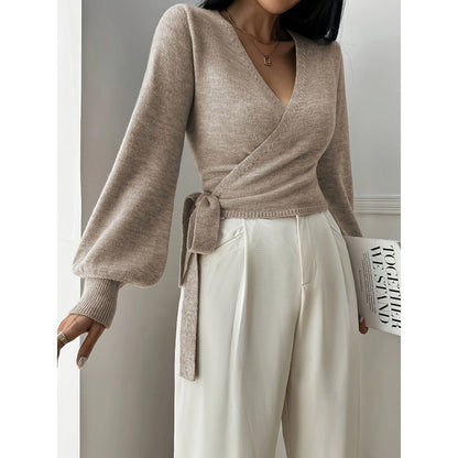 Beige Wrap Knit Sweater with Long Sleeves for Women - Clara