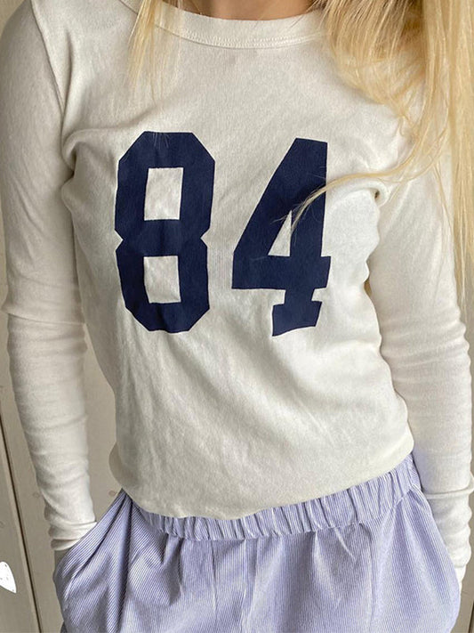 White Retro Digital Printed Crew Neck Long Sleeve Tee