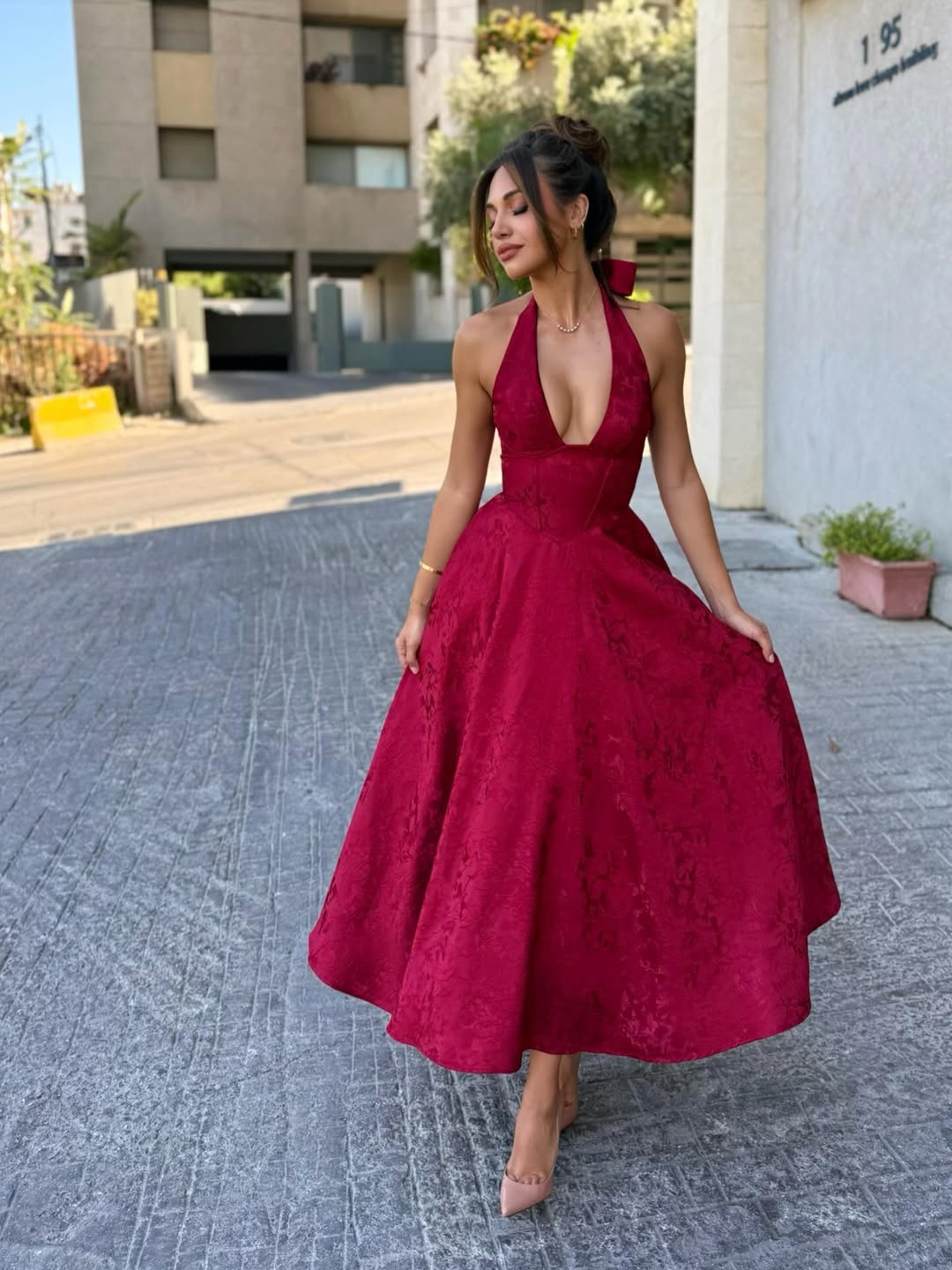 Midi Dress with Deep V Neckline for Women - Iris