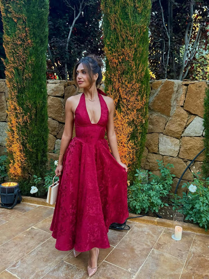 Midi Dress with Deep V Neckline for Women - Iris