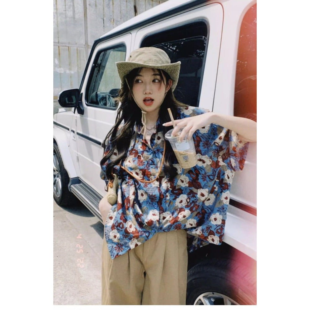 Blue Floral Print Button Up Shirt for Women - Sabina