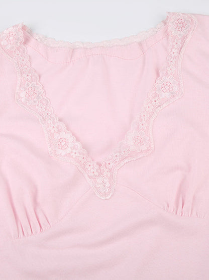 Pink Vintage V Neck Lace Trim Short Sleeve Tee