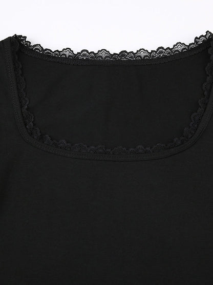 Square Neck Short Sleeve Crop Top with Lace Trim Splice