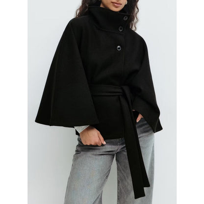Belted Cape Coat with High Collar for Women - Iolanda