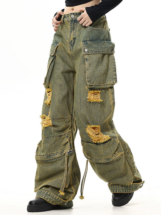 Vintage Verwaschene Cargo Jeans mit Löchern