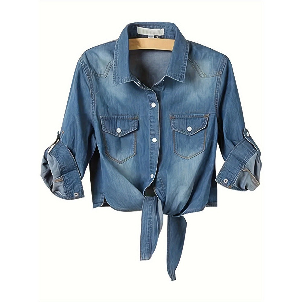 Blue Denim Button Up Tie Front Shirt for Women - Vera