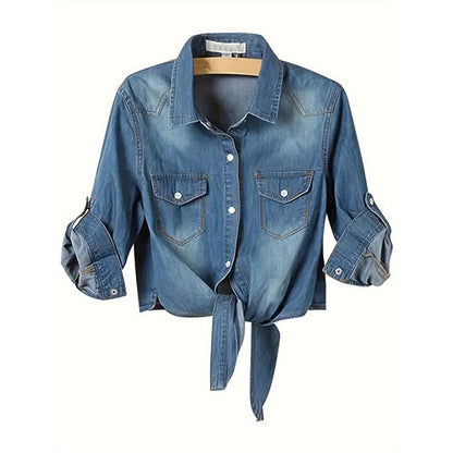Blue Denim Button Up Tie Front Shirt for Women - Vera