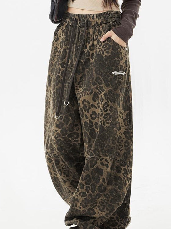 Punk Leopard Cargo Pants with Drawstring