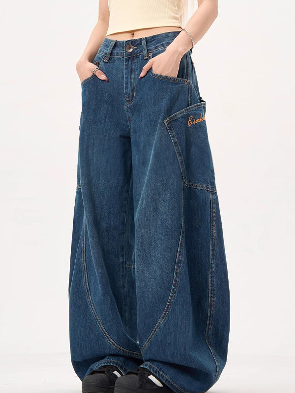 Vintage Blue Large Pocket Wide Scimitar Boyfriend Jeans