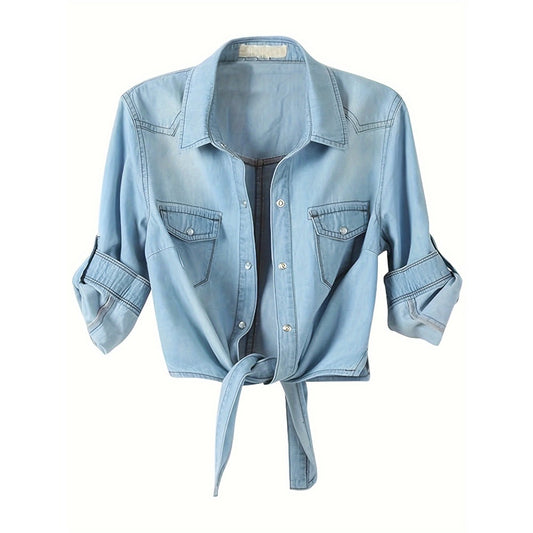 Blue Denim Button Up Tie Front Shirt for Women - Vera