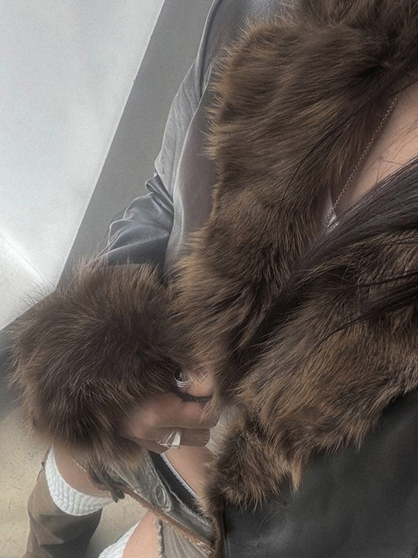 Black American Style Fur Collar Patchwork Leather Jacket