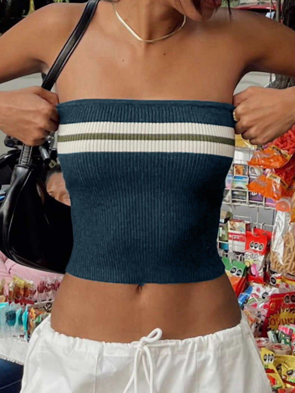 Navy Blue Vintage Knit Striped Bandeau Crop Top