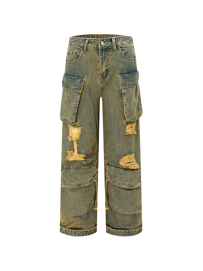 Vintage Faded Effect Cargo Jeans with Holes