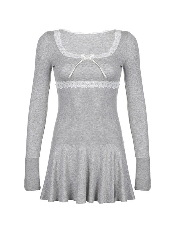 Grey Y2K Lace Splice Square Neck Mini Dress