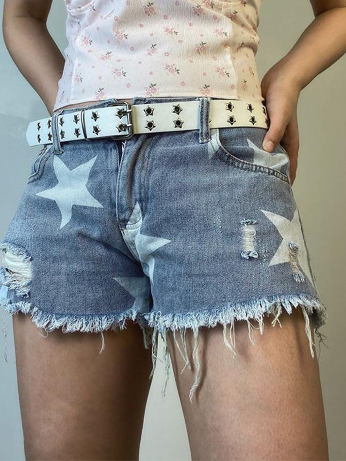 Blue Y2K Star Print Ripped Low Rise Denim Shorts