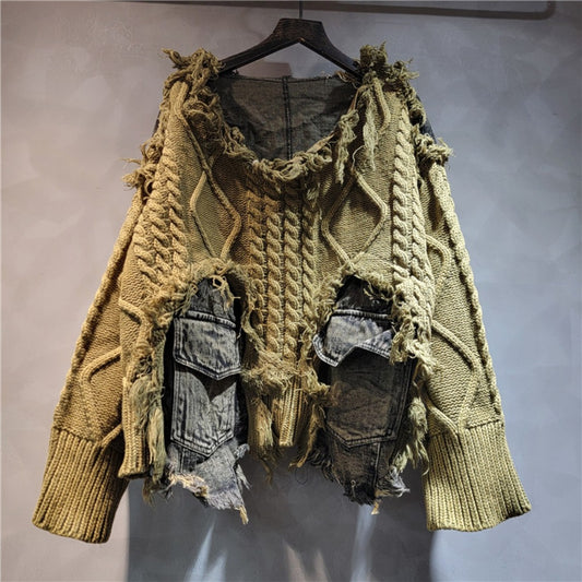 Distressed Knit Sweater with Denim Patchwork for Women - Piera