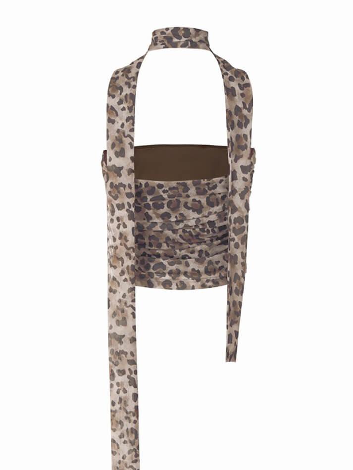 Top de tubo ajustado con cuello halter y malla con estampado de leopardo retro