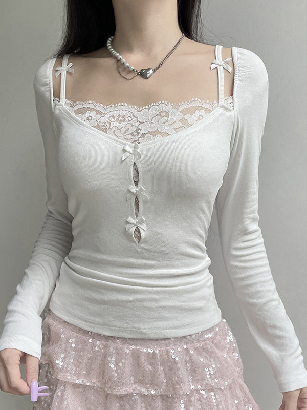 White Lace Stitching Bow Cutout Long Sleeve Knits