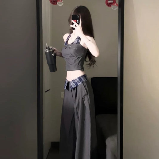 Black Halter Crop Top and Wide Leg Pants Set for Women - Benedetta