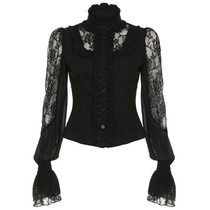 Black Lace Long Sleeve Button Blouse with Ruffles for Women - Olimpia