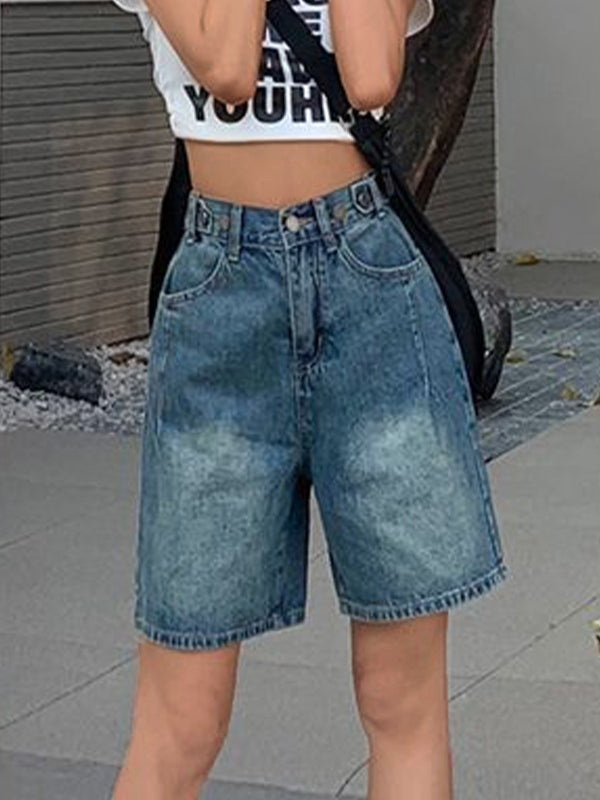 Blue Vintage Cropped Denim Shorts with Washed Effect