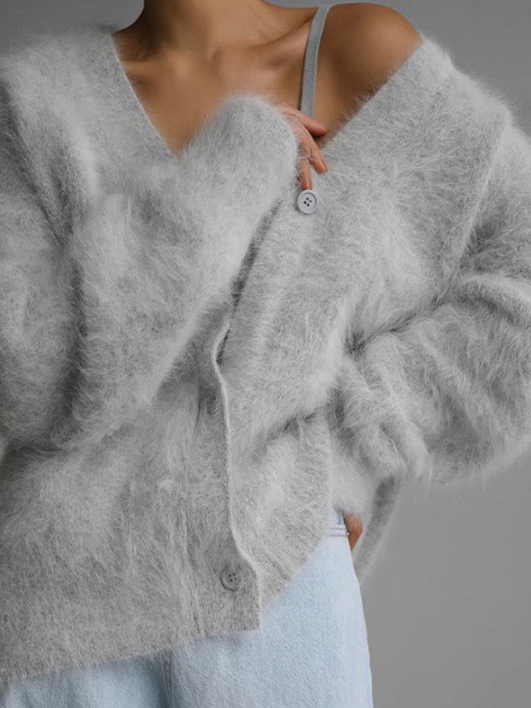 90s Gray Imitation Mink Knitted Sweater Cardigan