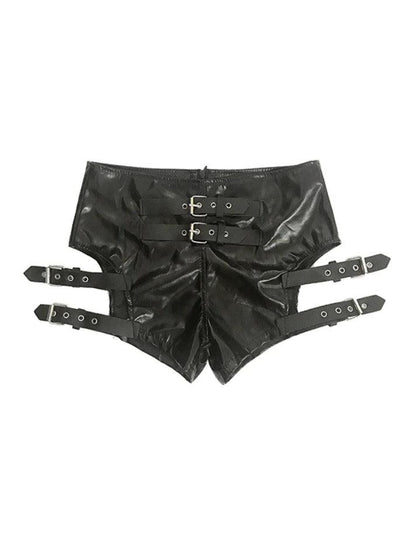 Black Punk Leather Hollow Shorts with Buckle