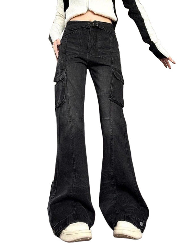 Black Micro Horn Slim Mopping Floor Cargo Jeans