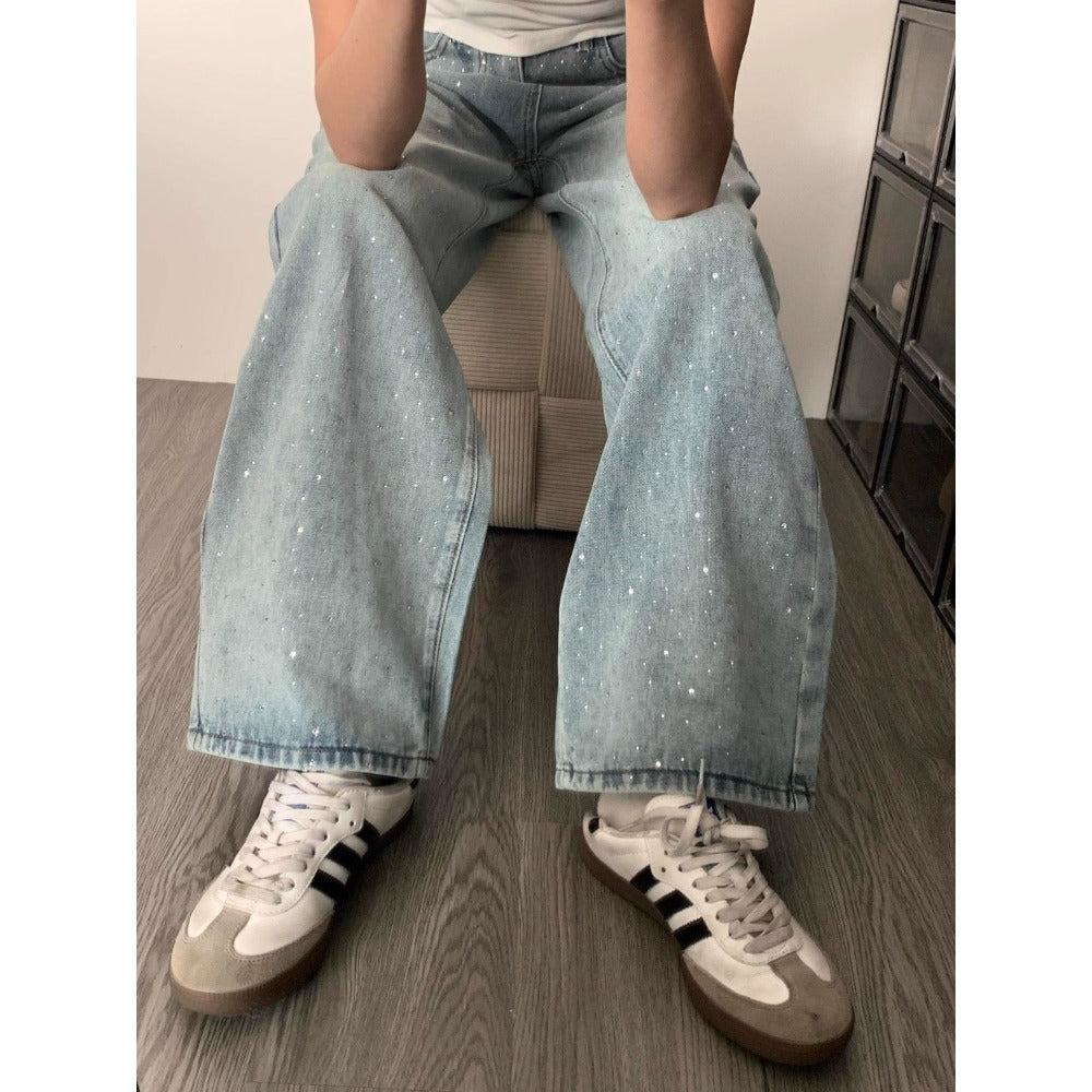 Light Blue Wide Leg Rhinestone Jeans for Women - Tonia