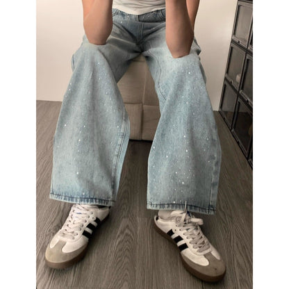 Light Blue Wide Leg Rhinestone Jeans for Women - Tonia