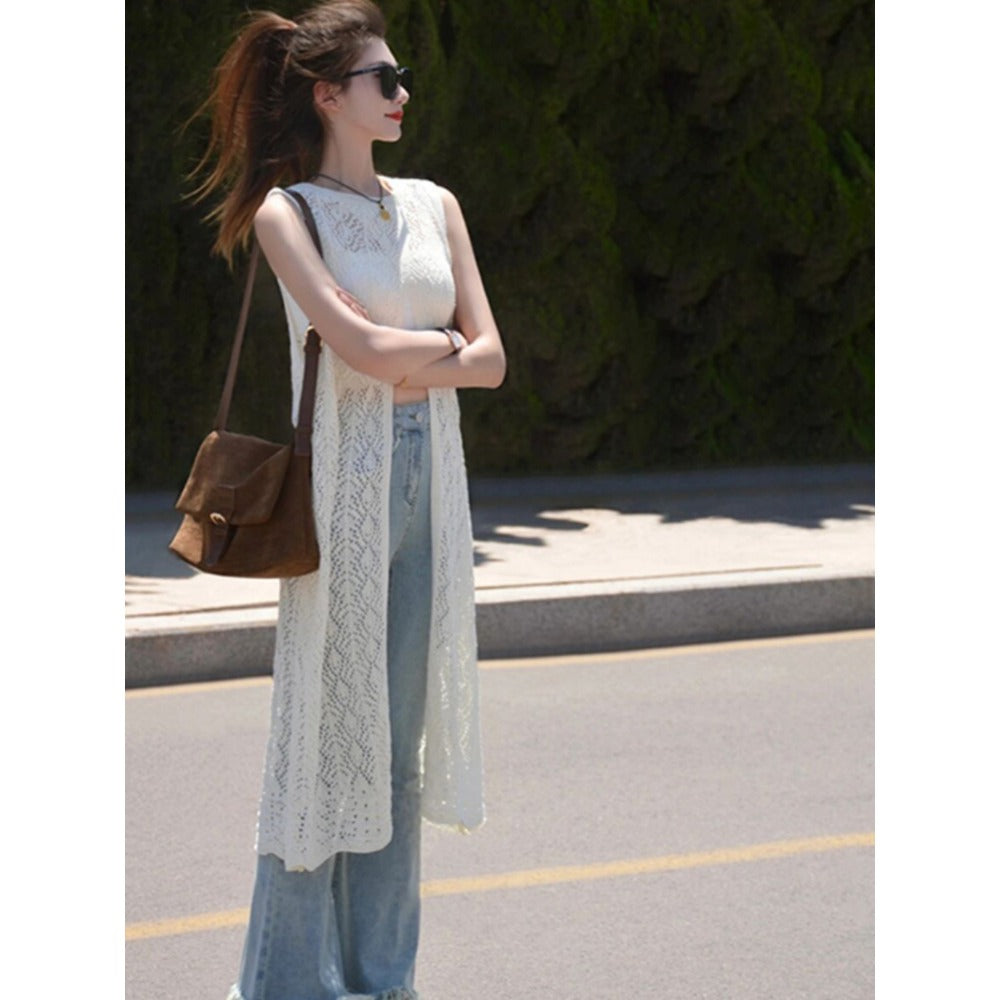 White Sleeveless Lace Long Vest for Women - Alina