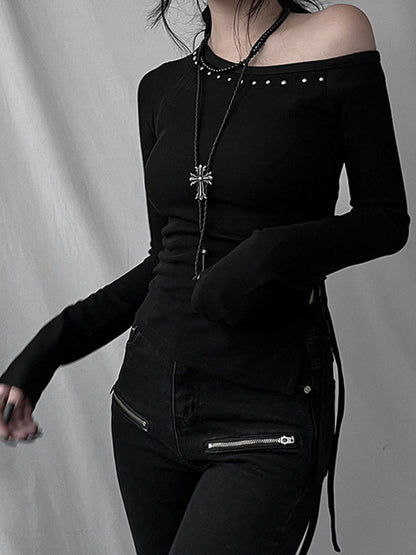 Black Y2k One Shoulder Rivet Long Sleeve Tee