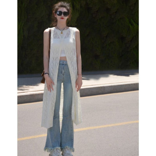 White Sleeveless Lace Long Vest for Women - Alina