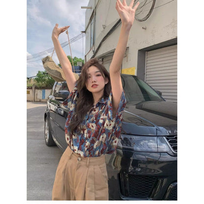 Blue Floral Print Button Up Shirt for Women - Sabina