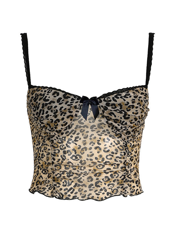 Top de tirantes con encaje y lazo estilo vintage con estampado de leopardo