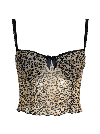 Vintage Bow Lace Splice Cami Top with Leopard Print