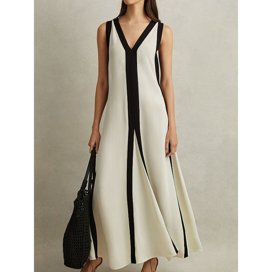 White and Black Striped Maxi Dress with V-Neck for Women - Rita