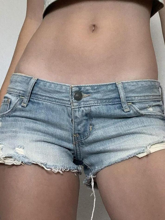 Blue Vintage Low Rise Frayed Denim Shorts