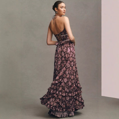 Floral Maxi Dress with Halter Neck and Side Slit for Women - Donatella