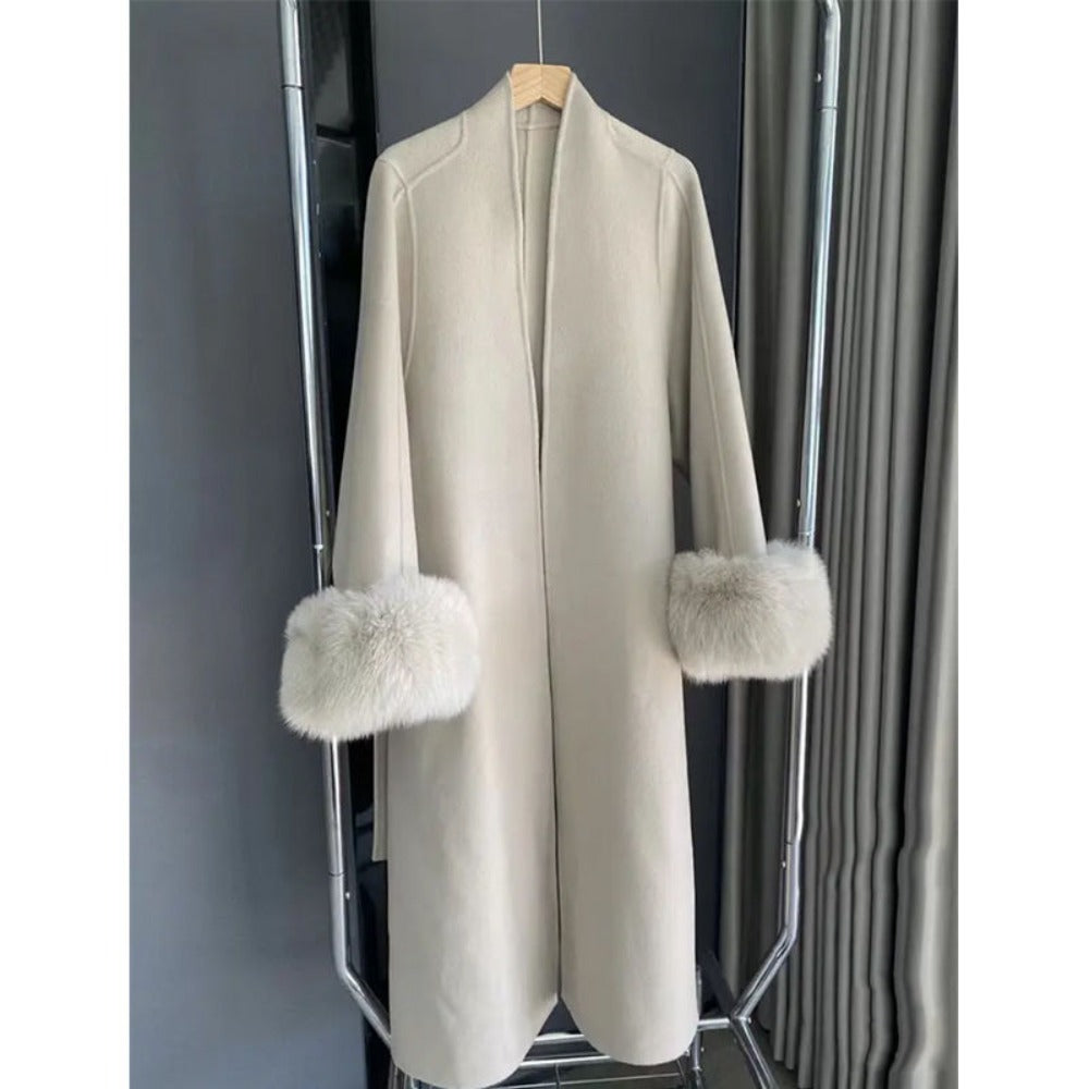 Long Overcoat with Faux Fur Cuffs for Women - Fortunata