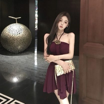 Wine Red Halter Mini Dress for Women - Isabella