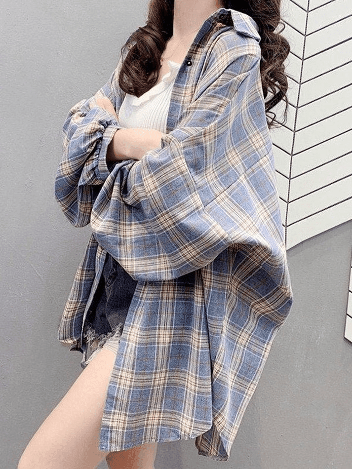 Vintage Checkered Oversized Long Sleeve Button Blouse