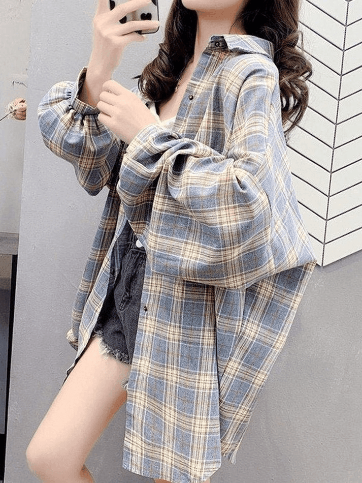 Vintage Checkered Oversized Long Sleeve Button Blouse