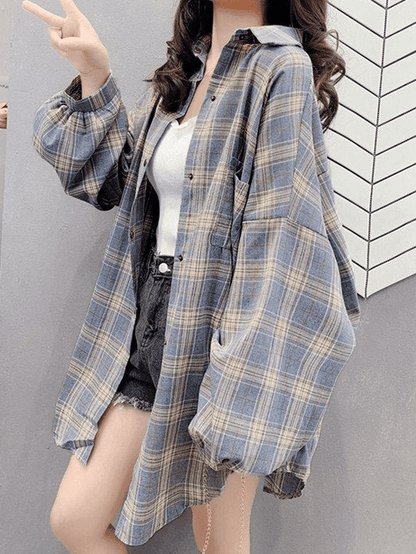 Vintage Checkered Oversized Long Sleeve Button Blouse