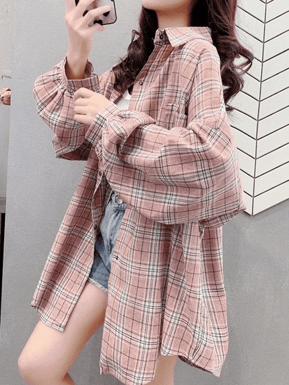 Vintage Checkered Oversized Long Sleeve Button Blouse