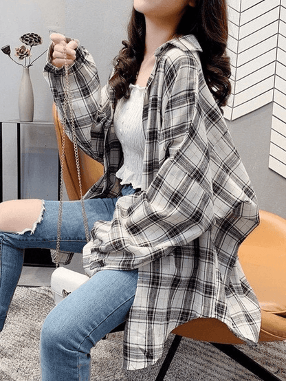 Vintage Checkered Oversized Long Sleeve Button Blouse