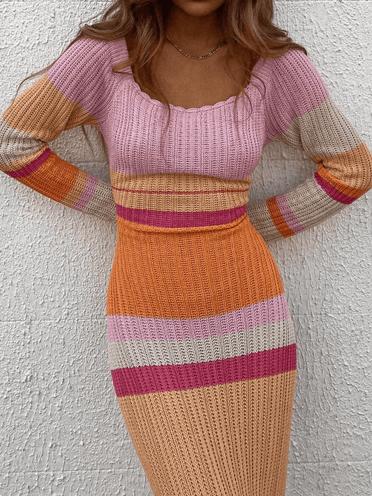 Color Block Stripe Slim Knitted Maxi Dress