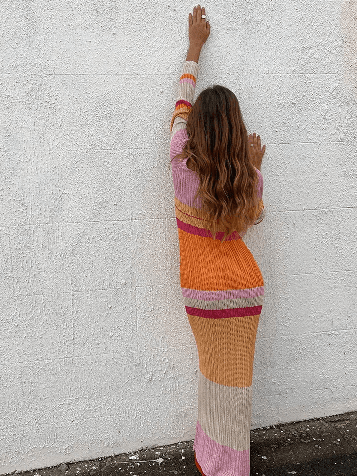 Color Block Stripe Slim Knitted Maxi Dress