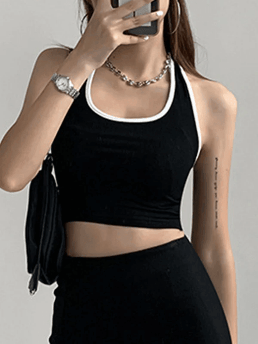 Top corto con cuello halter y ribete vintage en color de contraste