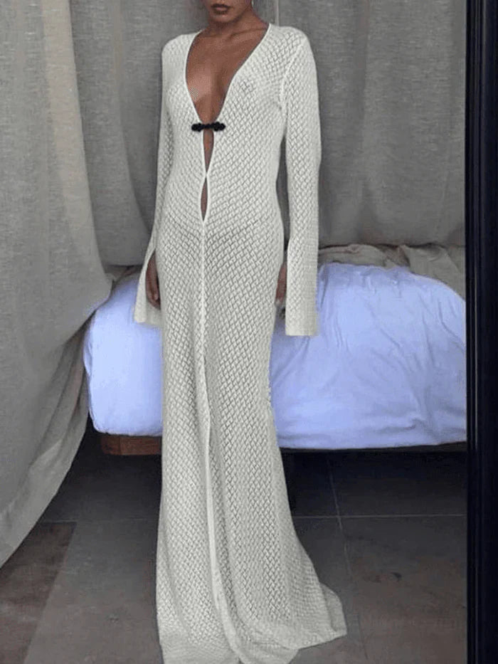 White Crochet Long Sleeve Maxi Beach Dress